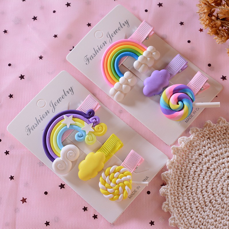 Set 3 Kẹp Tóc Hình Đám Mây / Cầu Vồng / Kẹo Mút Hoạt Hình Dễ Thương Cho Bé Gái