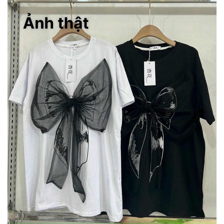 Áo thun cộc tay phối nơ ren đen phong cách Hàn Quốc