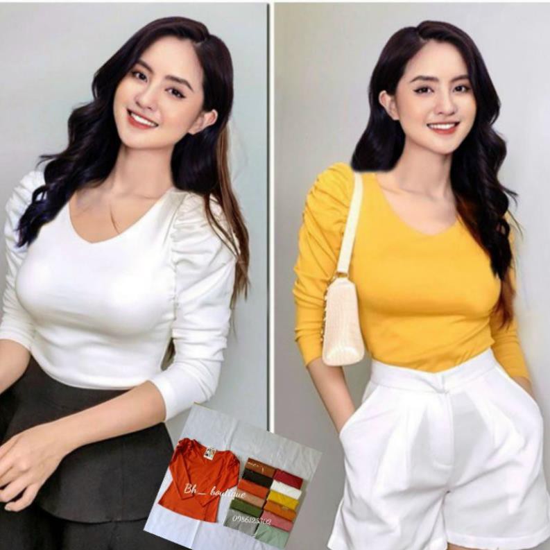 Áo Thun Body Cổ Tim Tay Phồng,Aó Thun Ôm Dài Tay Cổ Tim ྇