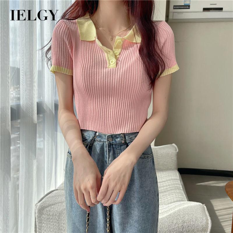 Áo thun dệt kim IELGY tay ngắn cổ polo dáng ôm thời trang cho nữ
