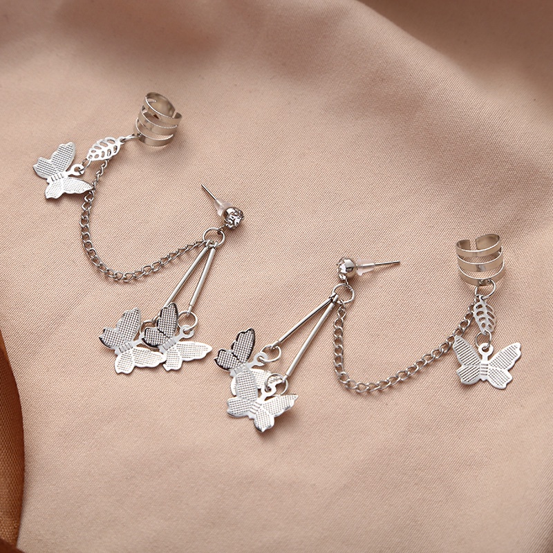 Bông Tai Dạng Kẹp Đôi Hình Bướm Đính Đá Zircon Tua Rua Màu Bạc Phong Cách Hàn Quốc Cho Nữ