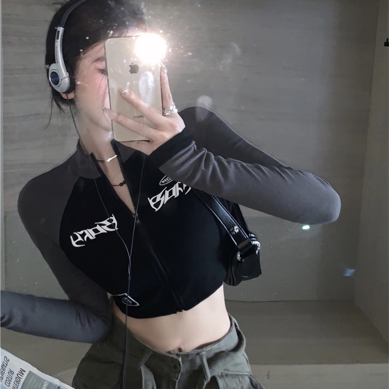 Áo Croptop Tay Dài Cổ Cao Phong Cách Thể Thao