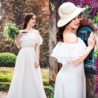 Đầm maxi trắng lệch vai tầng xòe đi biển cực yêu <3 - kèm hình thật 100%