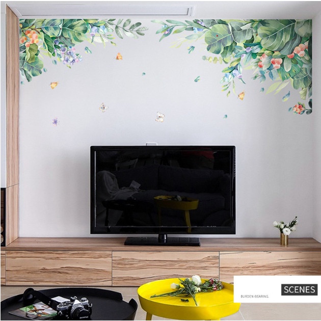 Decal trang trí tường - Bụi hoa leo tường và đàn bướm xinh