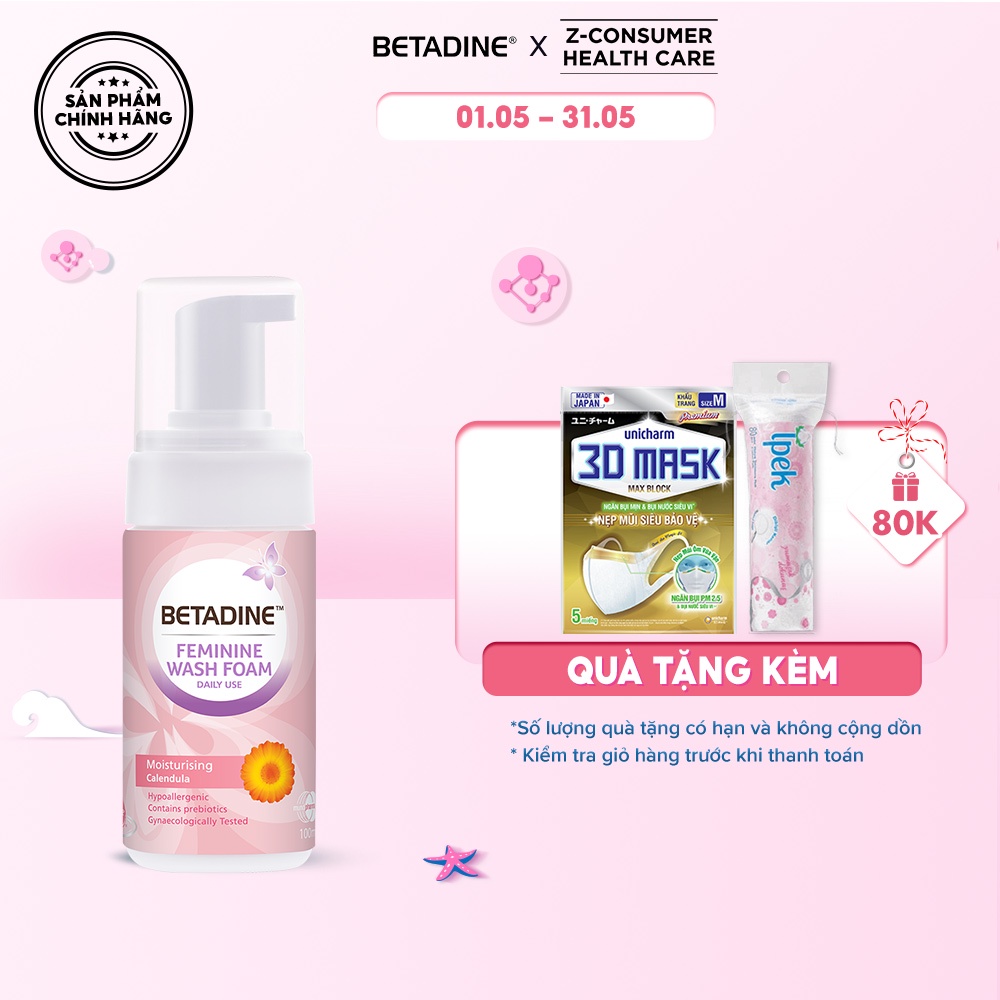 Bọt vệ sinh phụ nữ Betadine Feminine Wash Foam Daily Use Moisturising Calendula 100ml