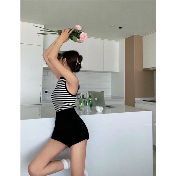 Sét Bộ áo Ba lỗ sọc ngang lưng quần đùi ôm sát lưng cao khoá kéo HUONGDUONGSILE