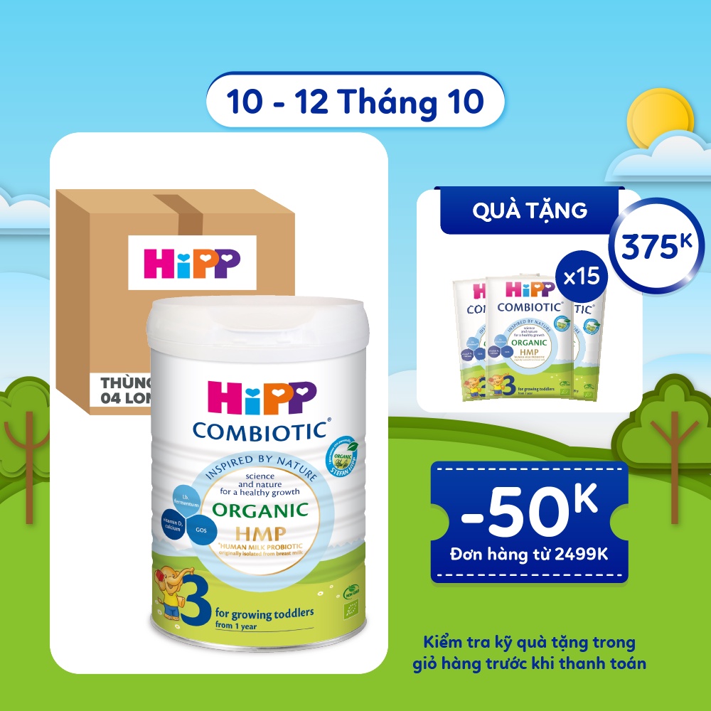 Thùng 4 lon Sữa bột công thức HiPP 3 Organic Combiotic 800g hỗ trợ tiêu hóa và tăng chiều cao (4 lon x 800g)