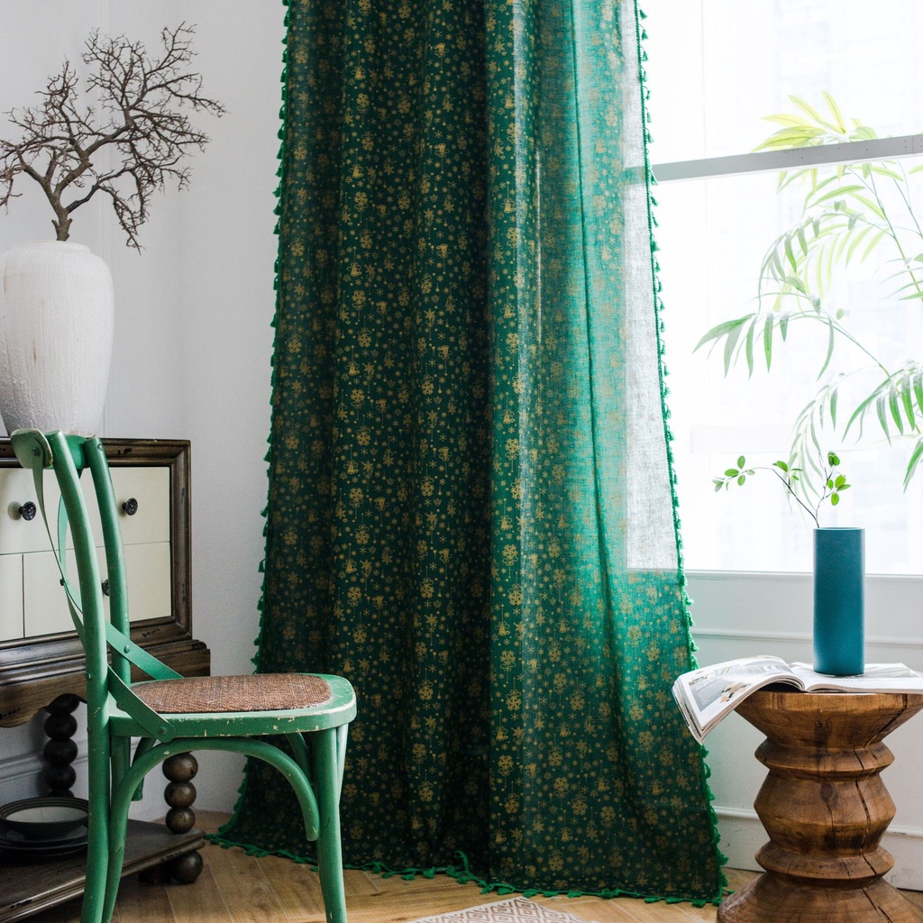 Rèm Cửa Vải Cotton Phối Tua Rua Trang Trí Cửa Sổ Phong Cách Giáng Sinh