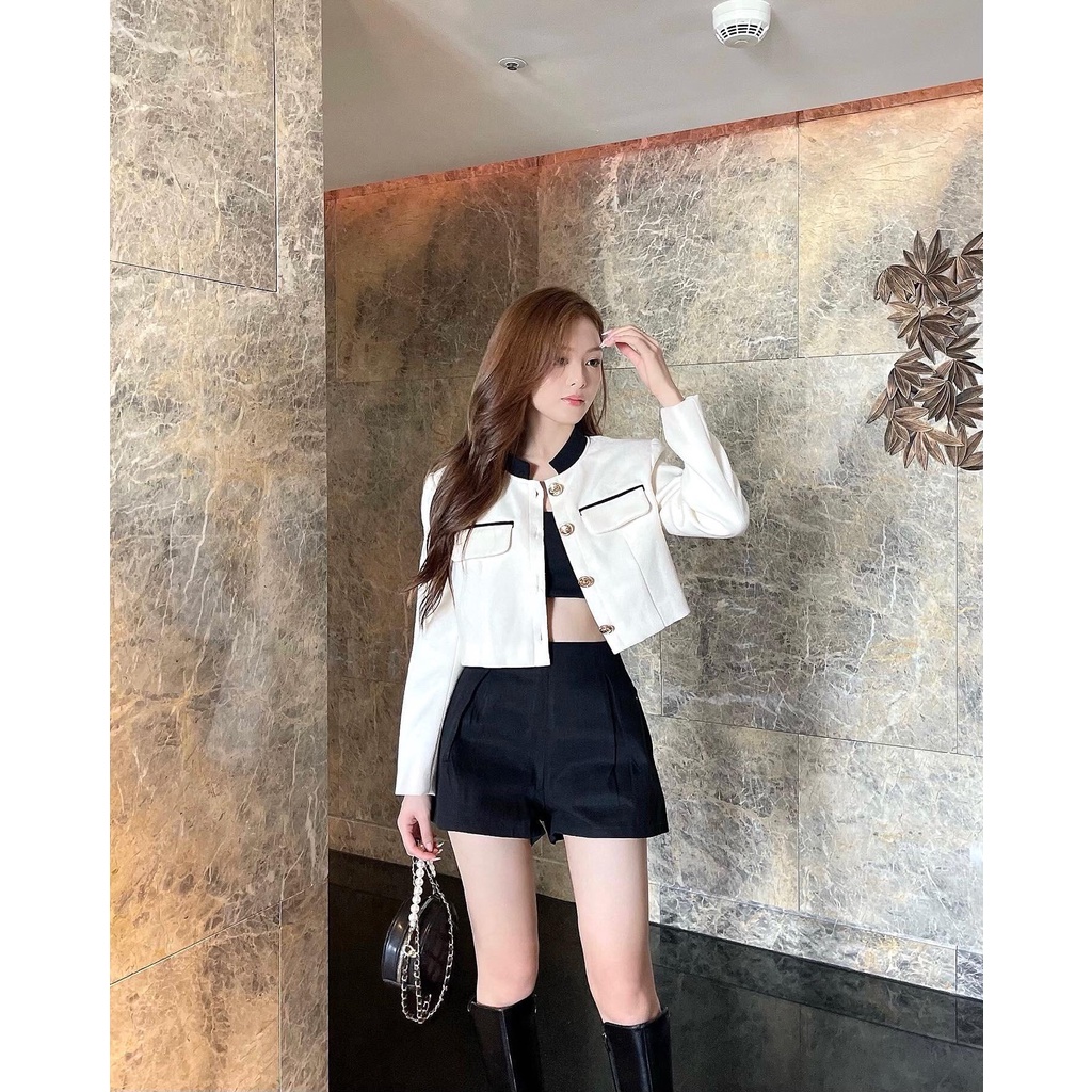 Áo Dạ Croptop Hai Màu Đen Trắng Chất Dày Dặn Stella Croptop - Hàng Chất Lượng Cao Jolie