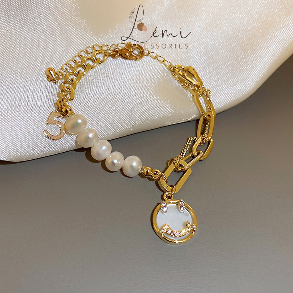 Lắc tay hạt trai nước ngọt mặt cười LEMI Vòng tay Retro số 5 bền màu thời trang Hàn Quốc