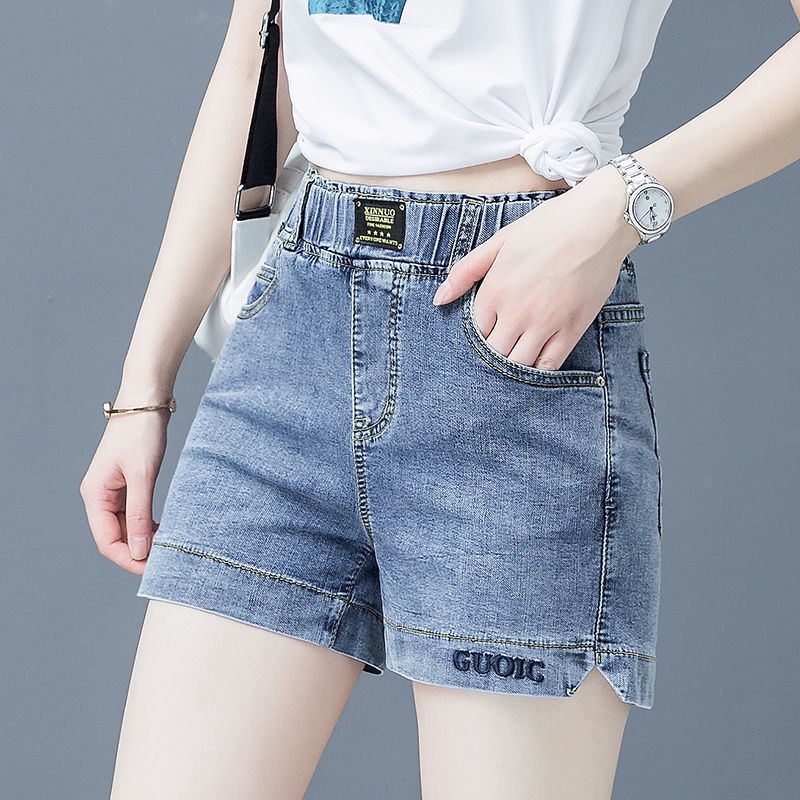 Quần short denim lưng cao ống rộng co giãn thêu họa tiết phong cách Hàn Quốc mẫu mới dành cho nữ 2021