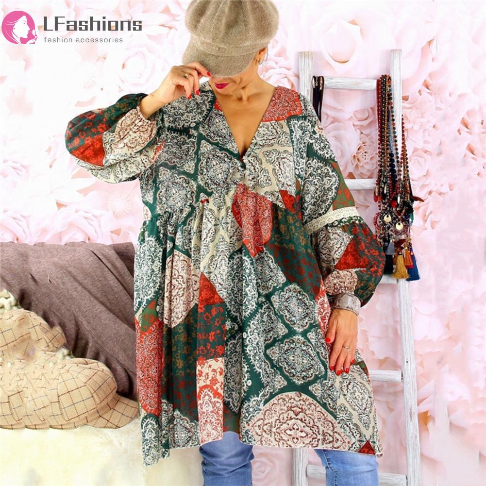 Autumn Women V-neck Bohemia Print Dress Lantern Sleeve Loose Long Section Tops | BigBuy360 - bigbuy360.vn