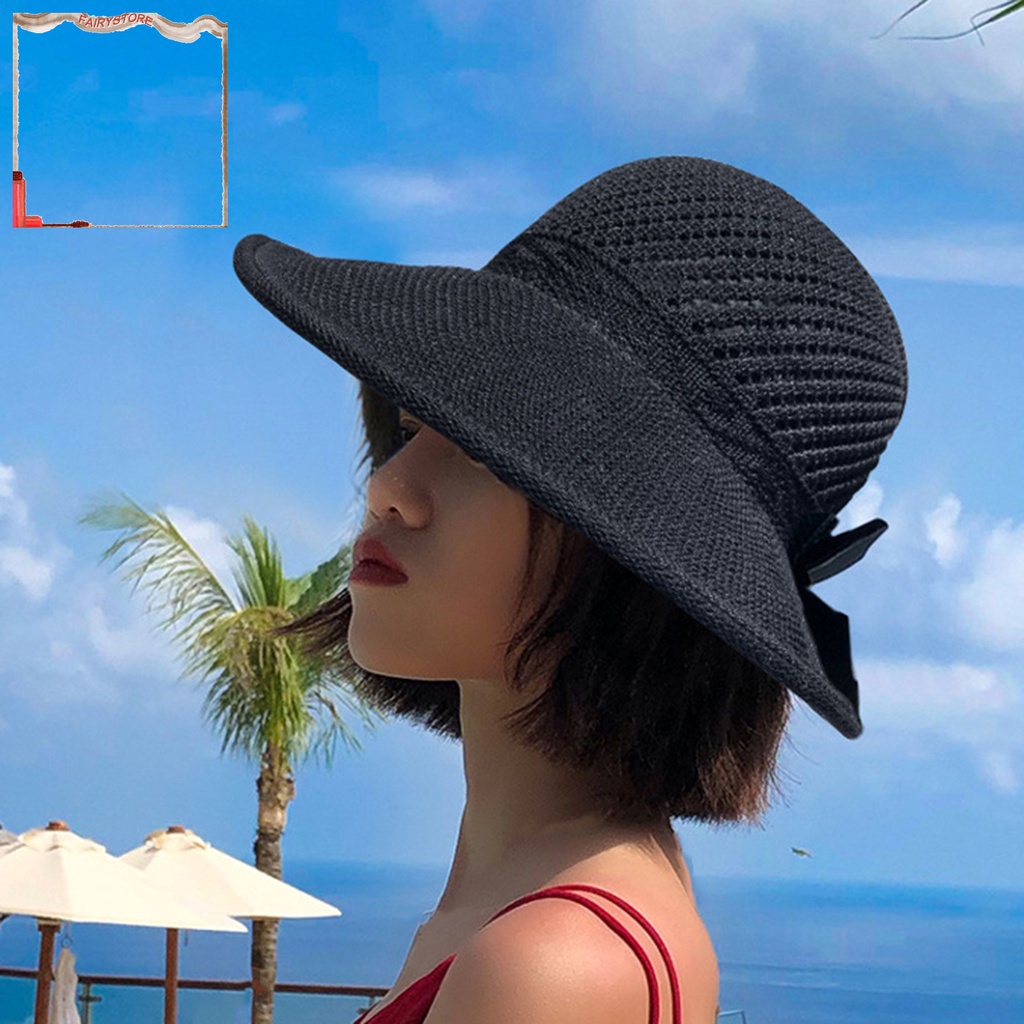 Nón Vành Rộng Chống Tia UV Có Thể Gấp Gọn Phối Nơ Bảo Vệ Cho Nữ
