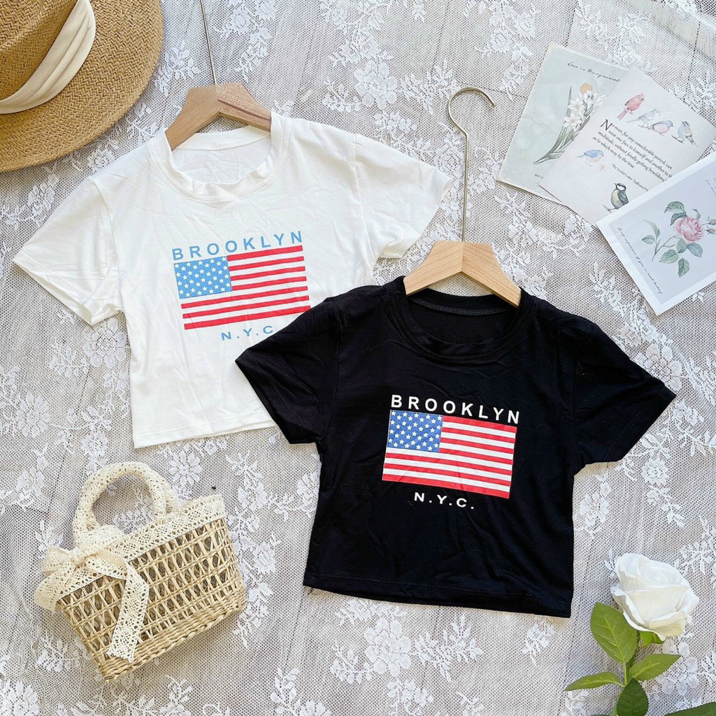 Áo kiểu croptop in hình cờ và lưới cực xinh , chất thun coton lạnh mềm mịn ( ảnh thật )