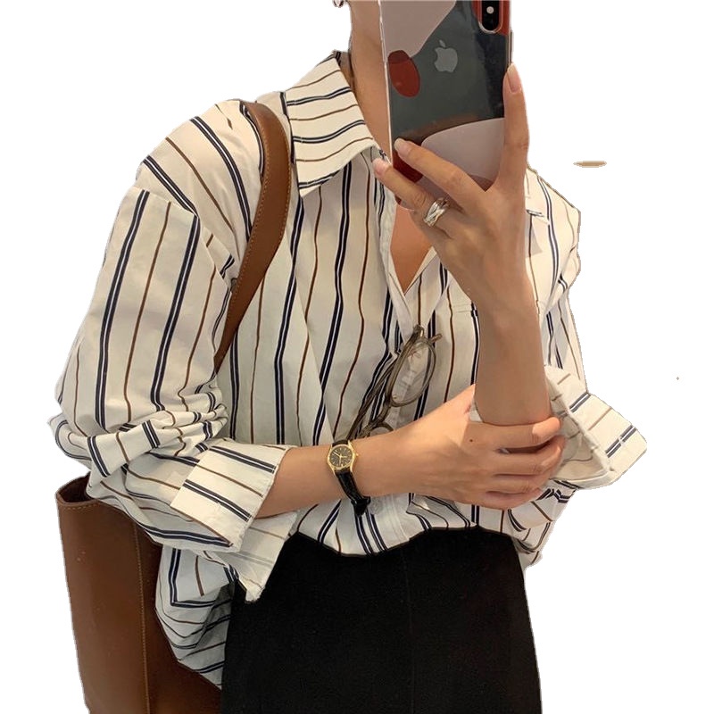 Áo sơ mi nữ dáng rộng kẻ sọc dọc thời trang