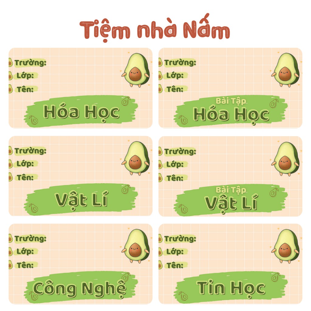 Combo Nhãn Vở Thiết Kế Theo Tên Môn Học, Bơ