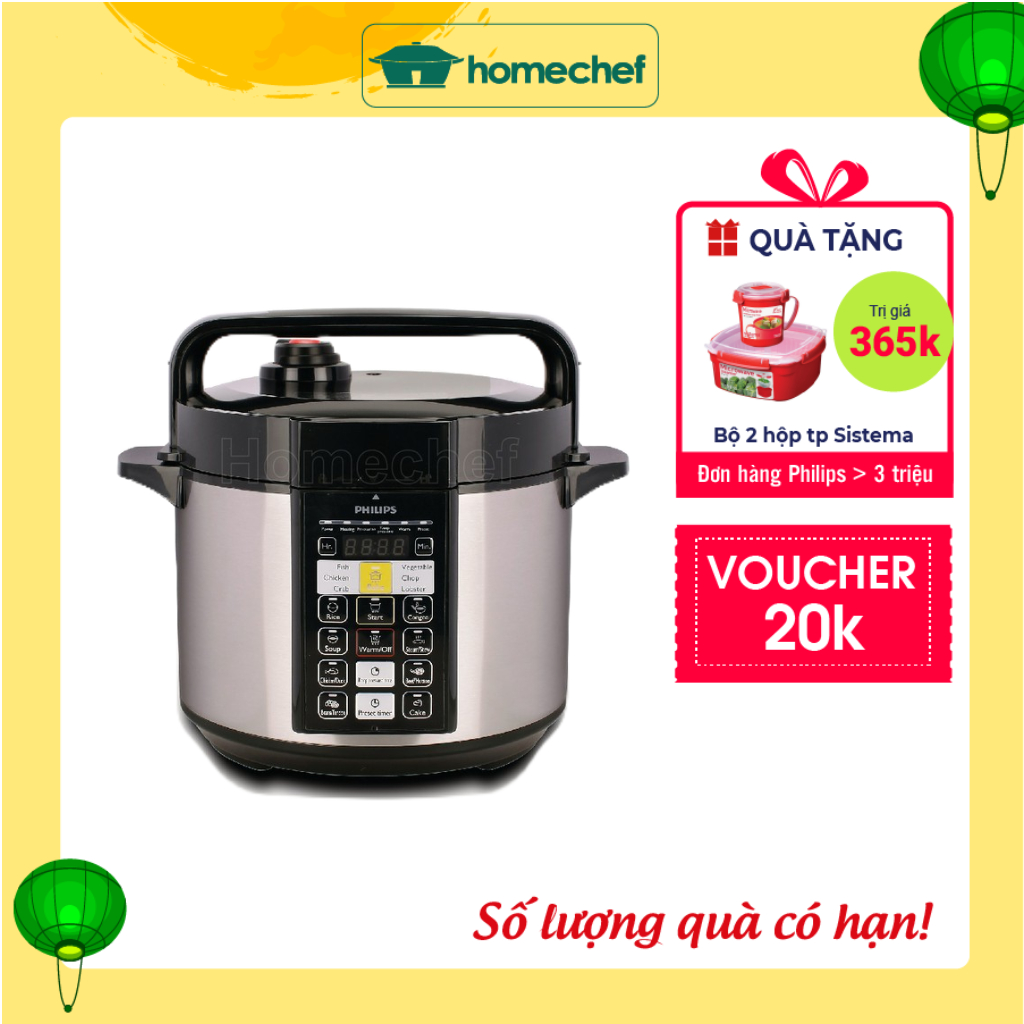 Nồi áp suất điện tử Philips công suất 900W, dung tích 5L, menu nấu đa dạng, bảo hành 2 năm chính hãng - HD2136