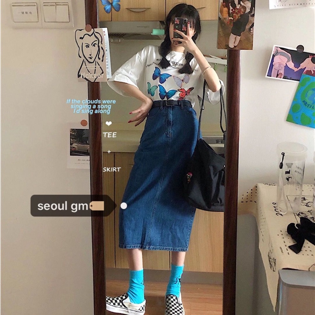 COZOK Chân váy denim lưng cao xẻ tà phong cách Hàn Quốc