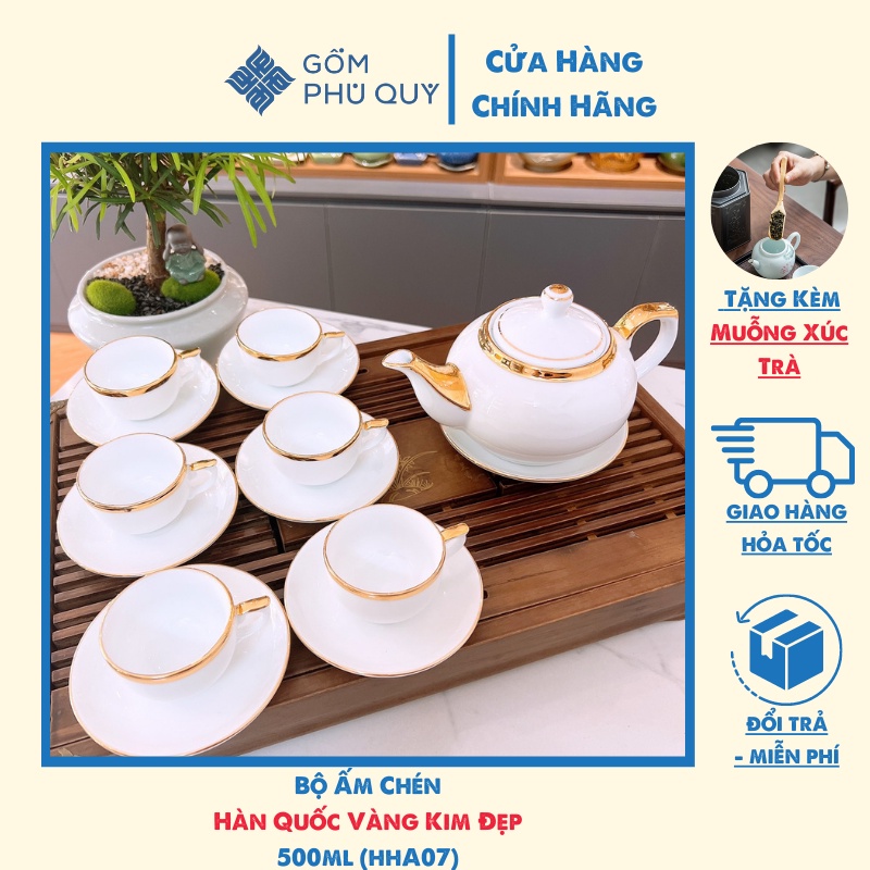 Bộ Ấm Chén Uống Trà, Gốm Sứ Bát Tràng Cao Cấp Hàn Quốc Vàng Kim Đẹp 500ml Hha07