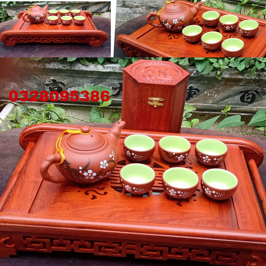 bộ khay trà gỗ hương kèm ấm chén bát tràng (hàng cao cấp)