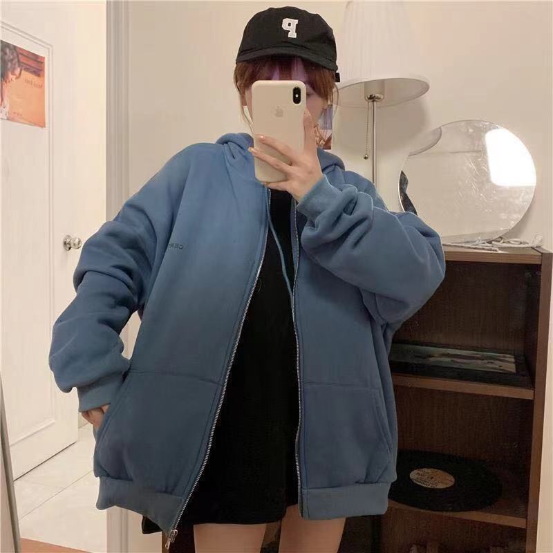 Áo Khoác Cardigan Có Mũ Trùm Dày Dặn Màu Sắc Đơn Giản Phong Cách Harajuku Hàn Quốc Cho Nữ