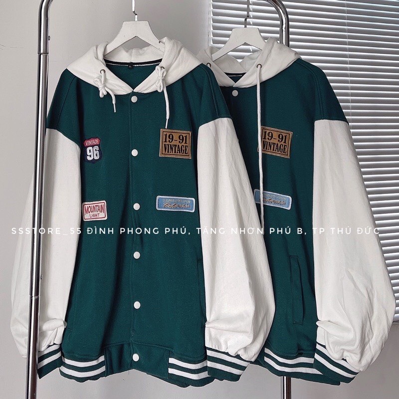 Áo Khoác Nữ, Áo Bóng Chày Có Mũ Màu Xanh Két 19-91 Vintage
