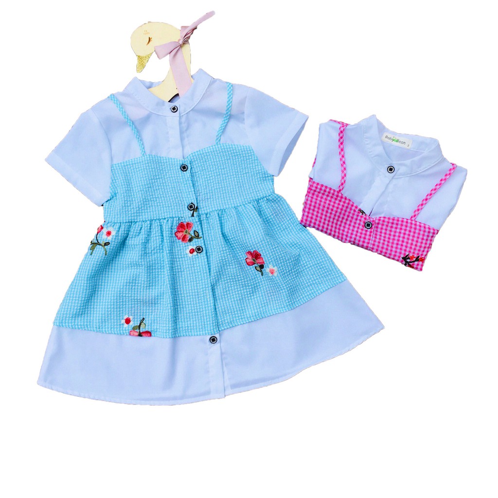 [MÃ THƯƠNG HIỆU YÊU THÍCH Voucher giảm 10%] Đầm Cotton Caro Giả Yếm tay ngắn Thêu Hoa bé gái BabyBean