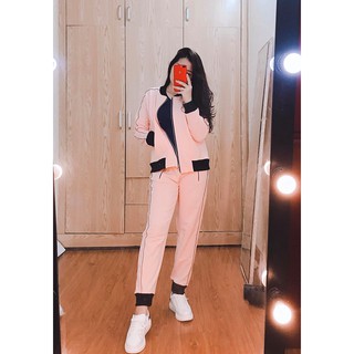 Bộ ngủ thể thao basic sọc đen màu hồng