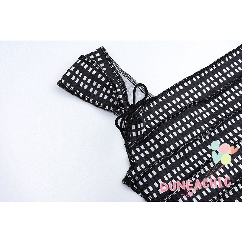 DUNEA Áo Tank Top Hai Dây Hở Lưng Họa Tiết Sọc Caro Thời Trang