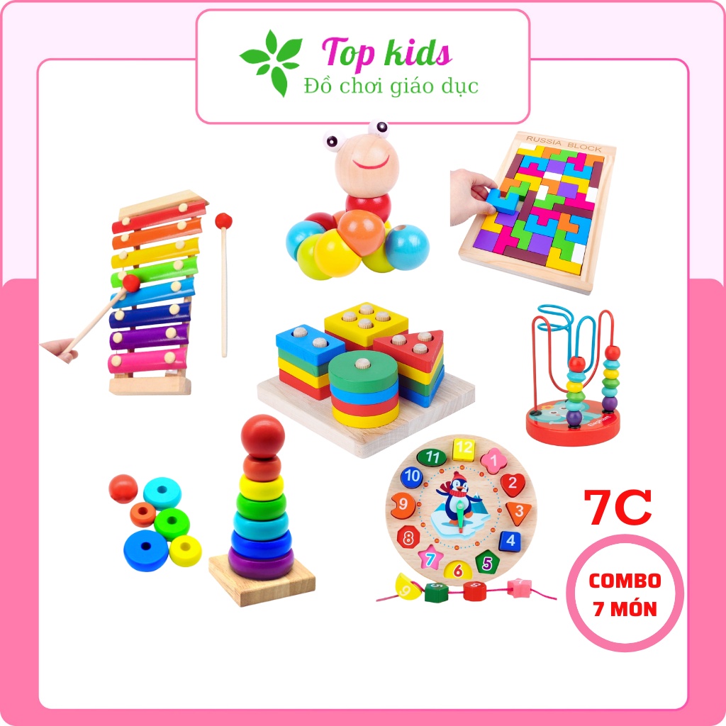 Đồ chơi giáo dục montessori combo 7 món đồ chơi gỗ thông minh phát triển trí tuệ cho bé từ 1 2 3 4 tuổi TOPKIDS