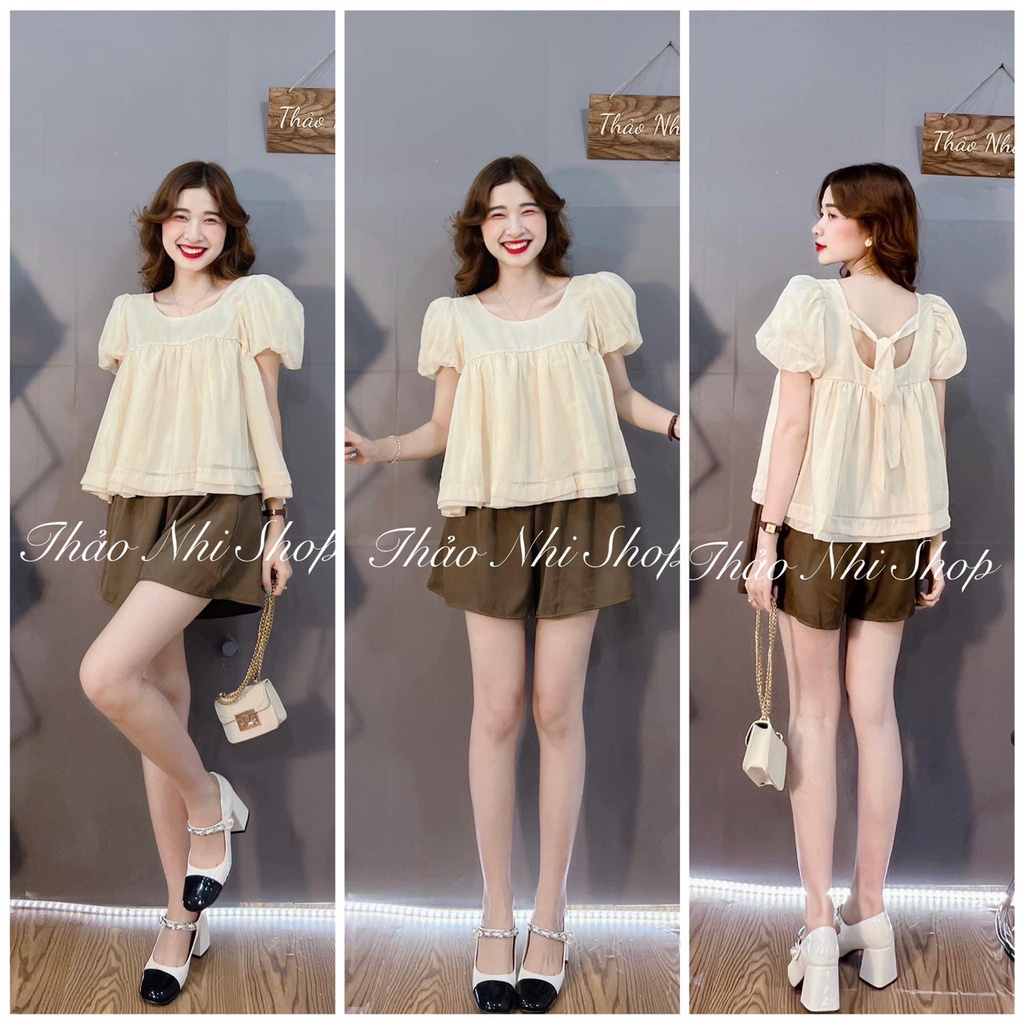 Set bộ áo babydoll be đũi xước mix quần short đùi nâu tây TH10150