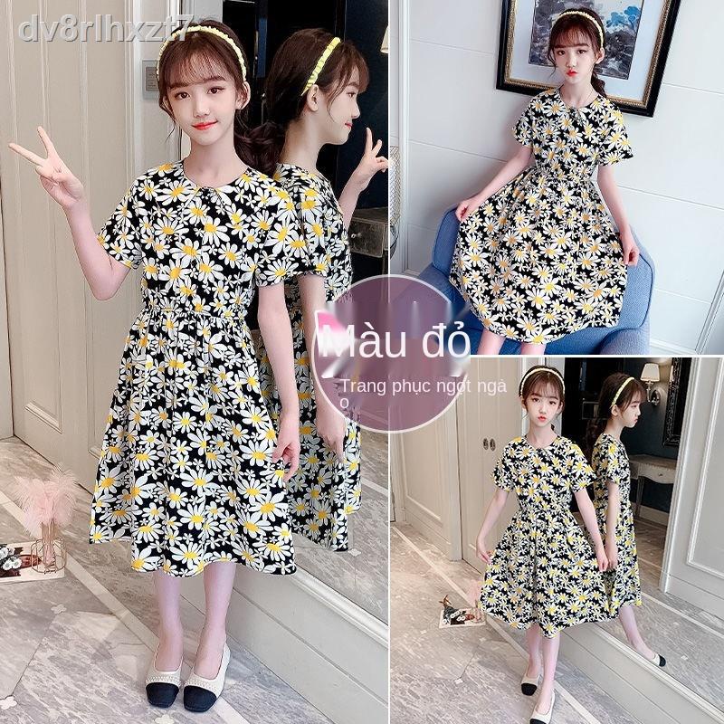 ℗⊕Cô gái mùa hè phong cách mới búp bê cổ áo váy cotton lụa cha mẹ-con công chúa tích dài giữa ở đứa trẻ lớn