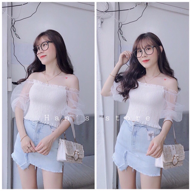 Áo trễ vai tay phối lưới croptop hót hè