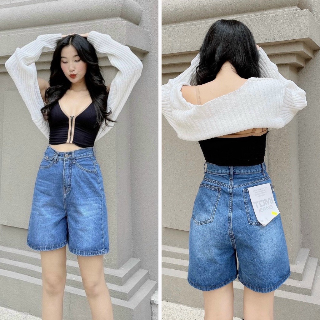 Quần Short Jean Ngố Nữ Ống Rộng Túi Nắp Lưng Cao Basic Chất Bò Phong Cách Ulzzang Hàn Quốc 4 Màu 438