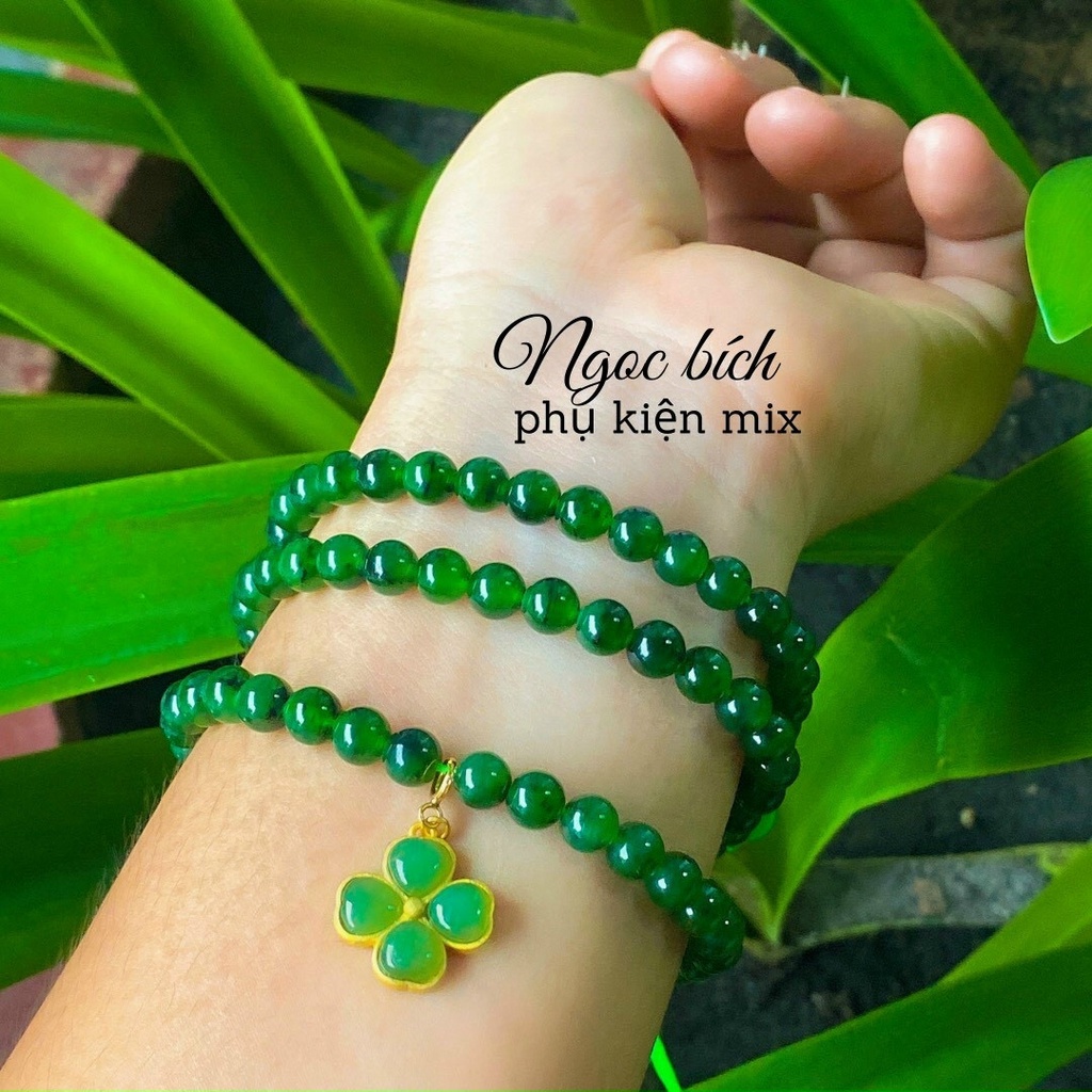 Vòng đeo tay, lắc tay phong thủy chuỗi hạt quấn 3 vòng mix cỏ bốn lá đá xanh ngọc