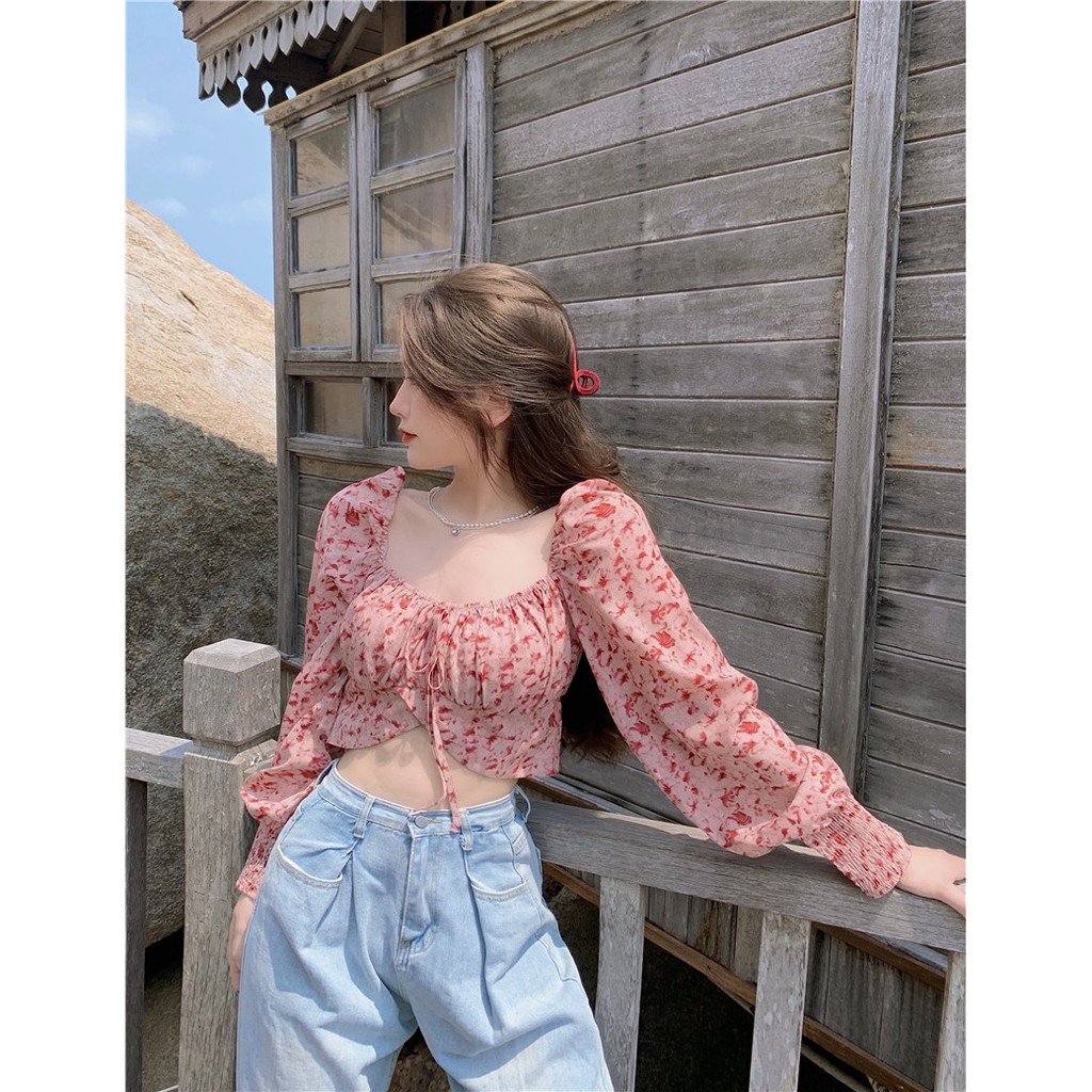 Cocory vn Áo croptop tay dài cổ vuông phối nơ cột đáng yêu cho nữ