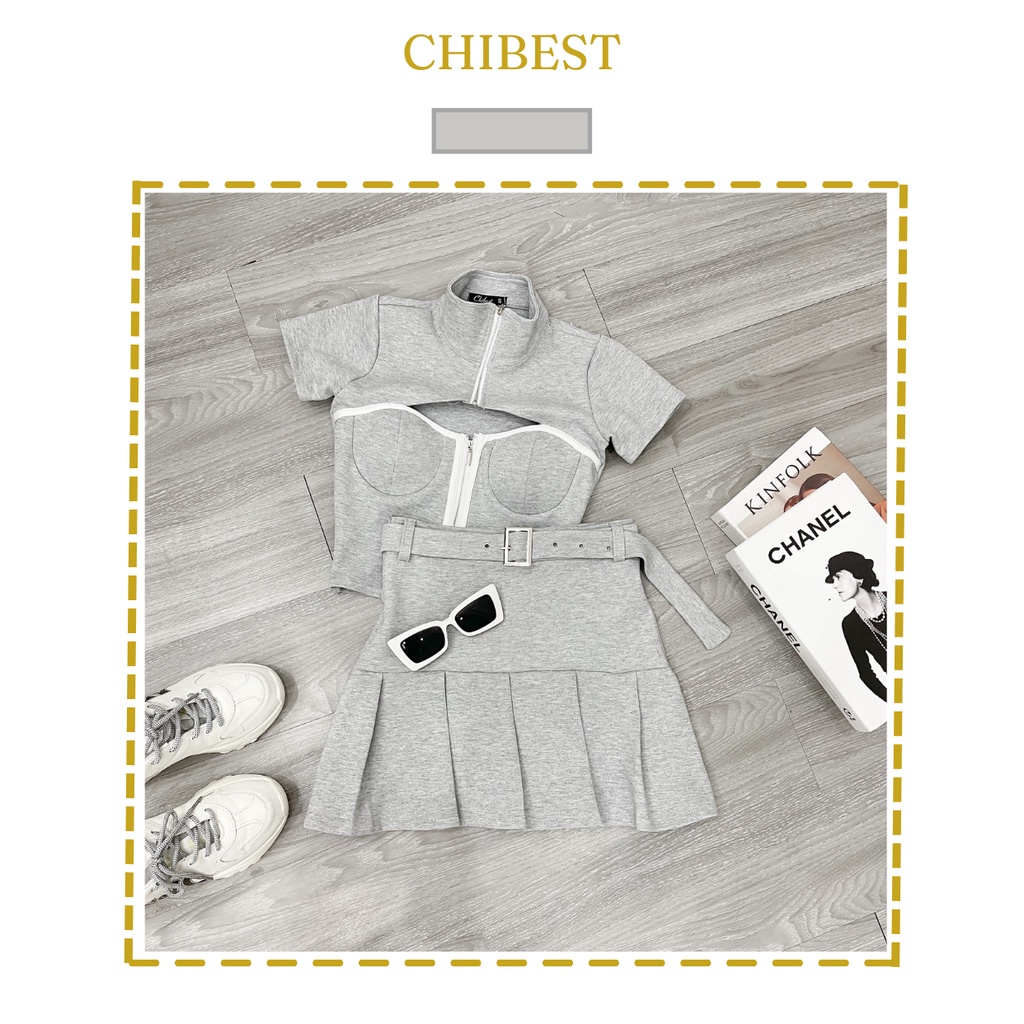 Set áo crop cut ngực khóa kéo kèm chân váy xếp ly kèm đai sexy CHIBEST 𝐋𝐒𝐁𝟗𝟏