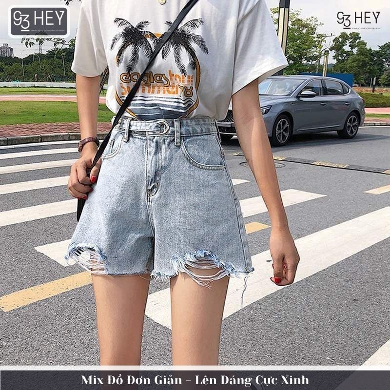 Quần Short Jean Nữ Ống Rộng Cạp Cao Rách Gấu Màu Xanh Đai Cúc Phong Cách 93HEY QS05 | WebRaoVat - webraovat.net.vn