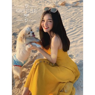 Đầm 2 dây thun tăm nút gỗ
