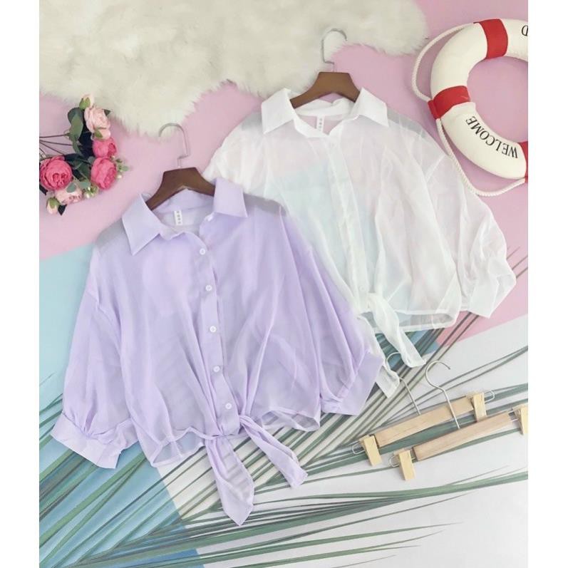 Áo Sơ Mi Voan Tay Lửng Buộc Nơ Áo Khoác Croptop Đi Biển Du Lịch Đen Trắng Tím DRASM23