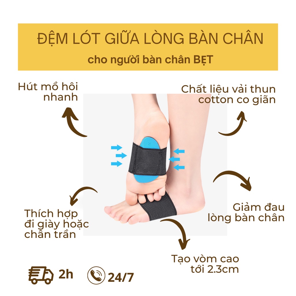 Lót giày Vải thun Silicon giảm đau lòng bàn chân cho Bàn chân bẹt, nam nữ sử dụng, Dày 2.3cm dạng đeo, bộ 2 cái