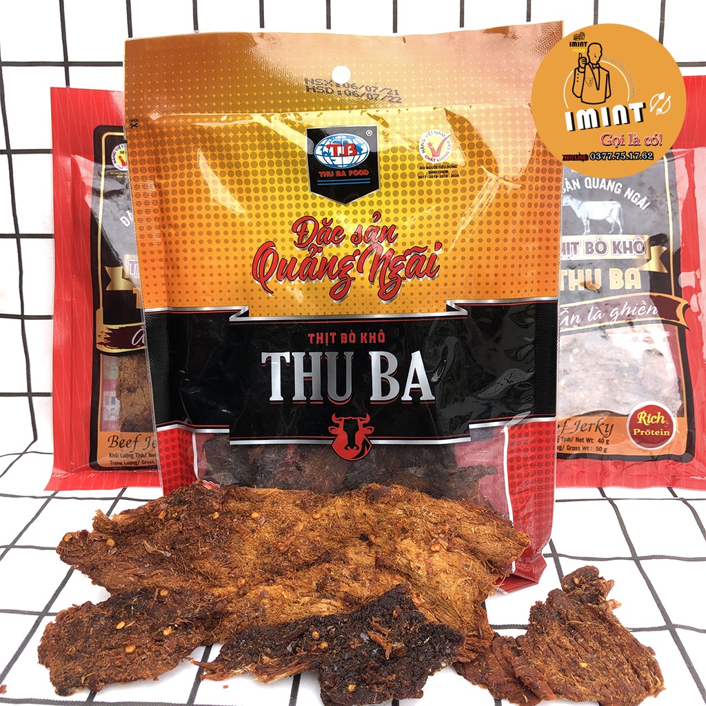 Thịt bò khô miếng THU BA 50g  - Đặc sản Quảng Ngãi Ăn Vặt IMINT FOOD