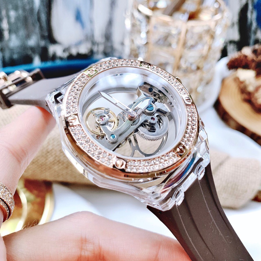 Đồng Hồ Davena Nam Automatic D31592 Mặt Lộ Máy Trong Suốt Dây Silicon Nâu 42mm Rose Gold Chính Hãng