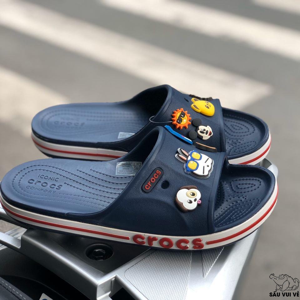 Dép lê Cross baya quai ngang màu xanh than họa tiết viền đỏ DE990ZZ tặng thêm 12 sticker Cross