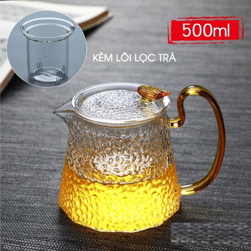 Ấm Trà Thủy Tinh chịu nhiệt Có Lõi Lọc Quai Vàng Vảy Cá Cao Cấp 500ml