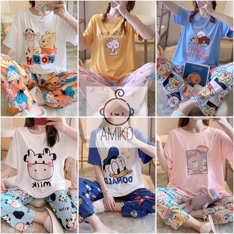 [Sẵn] Đồ bộ thun cotton quần dài, đồ mặc ở nhà Quảng Châu, pijama họa tiết hoạt hình dễ thương