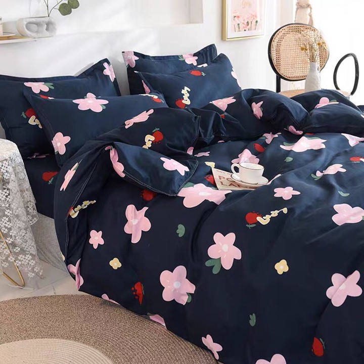 Bộ chăn ga gối drap giường chất cotton poly họa tiết bông Lucky