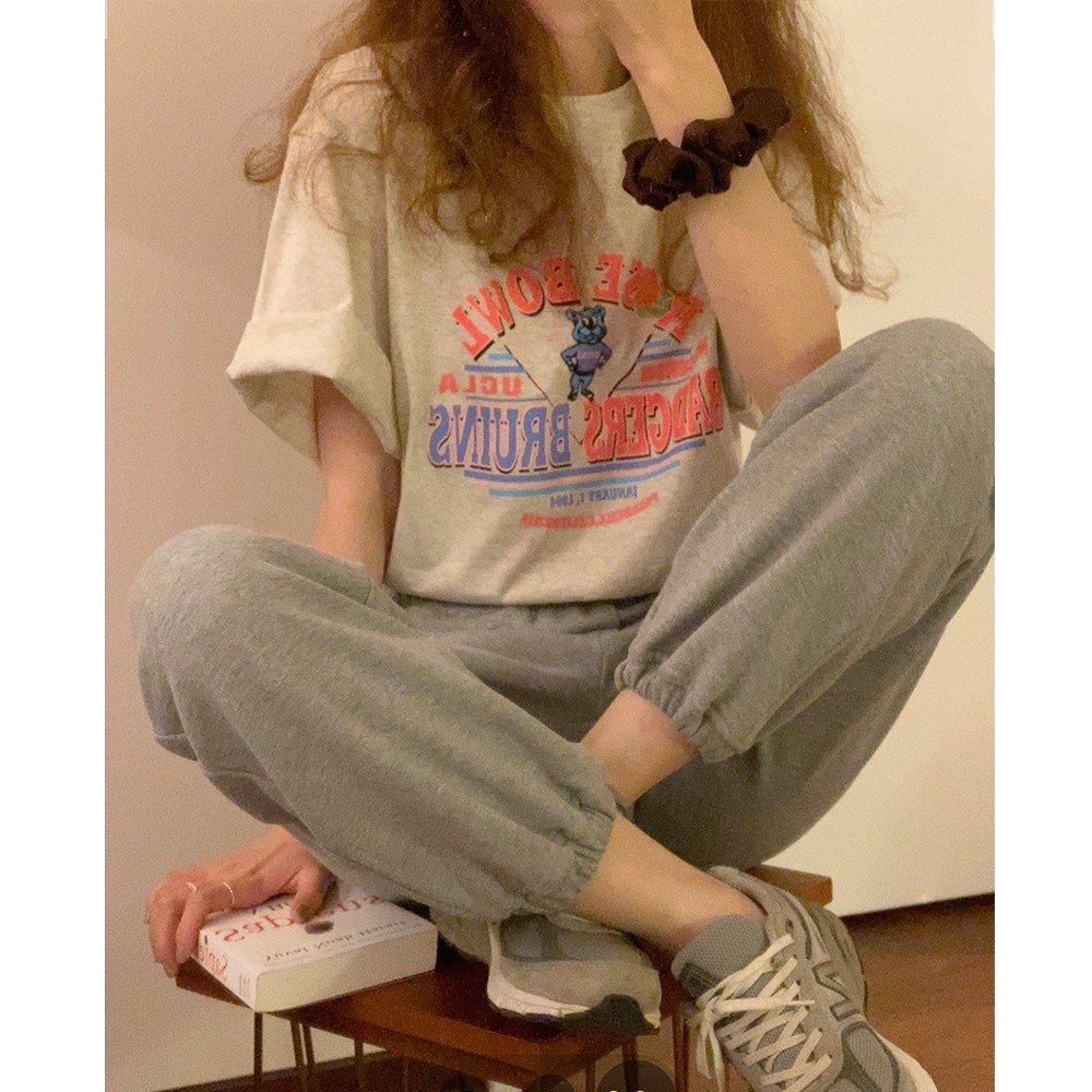 Áo Thun Cotton Tay Ngắn Cổ Tròn Dáng Rộng In Họa Tiết Hoạt Hình Phong Cách Hàn Quốc Cho Nữ