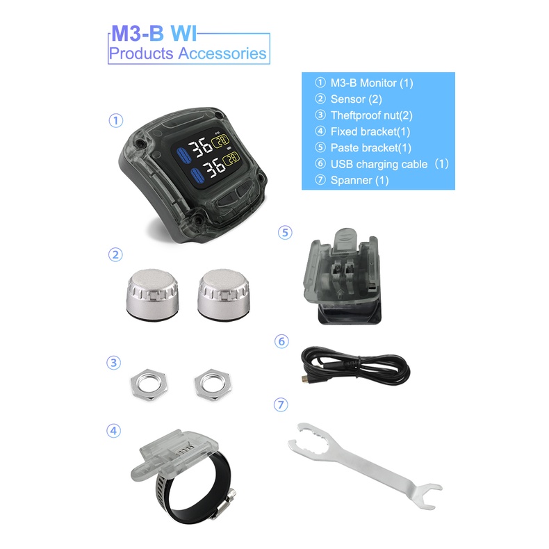 Hệ thống giám sát áp suất lốp xe máy không dây TPMS sạc USB 2 cảm biến trong/ngoài có màn hình LED
