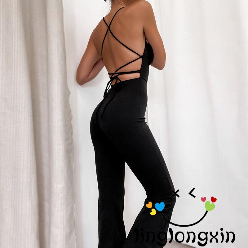 Áo liền quần 2 Dây Không Tay Hở Lưng Màu Đen Trơn Thời Trang Cho Nữ